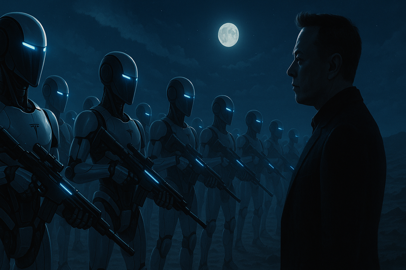 Optimus robots in formation under a moonlit sky